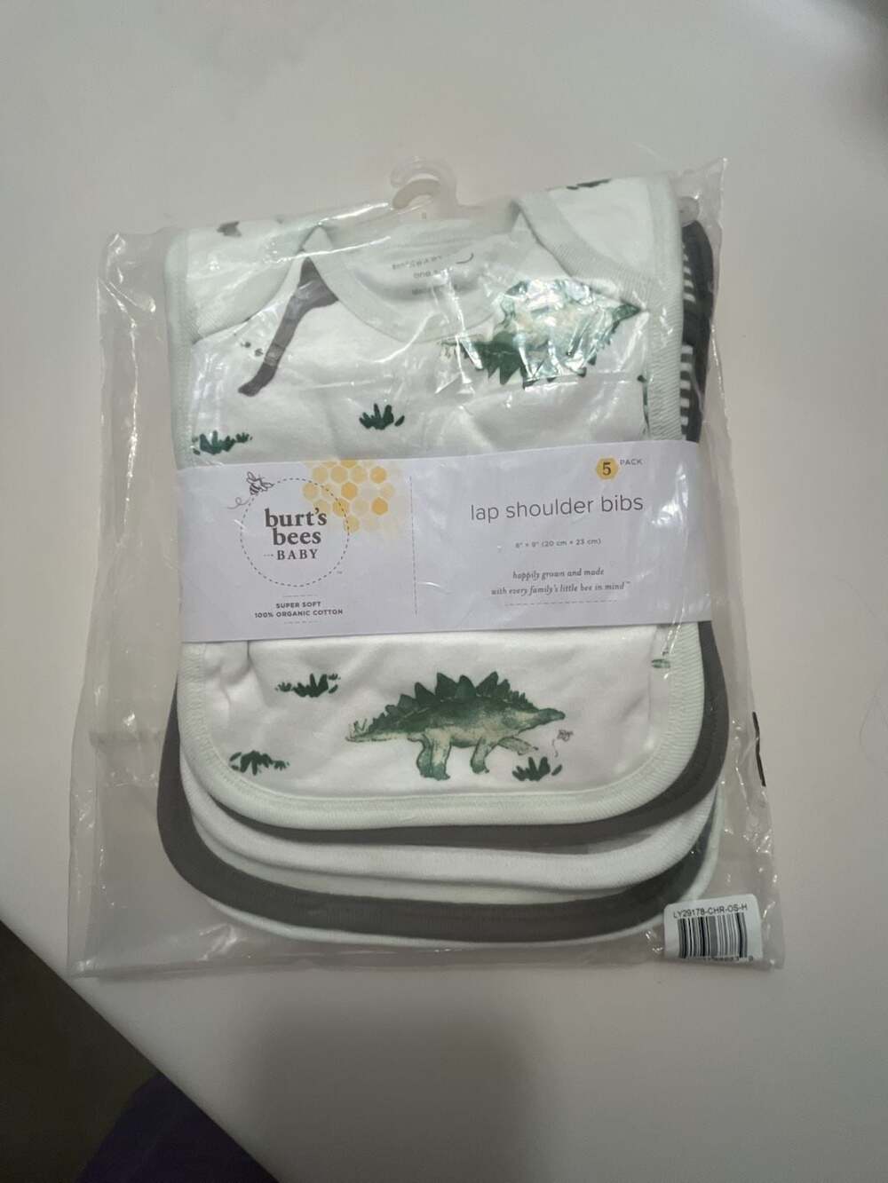 Burt's Bees Baby Lap Shoulder Bibs 5-Pack, Dinosaur